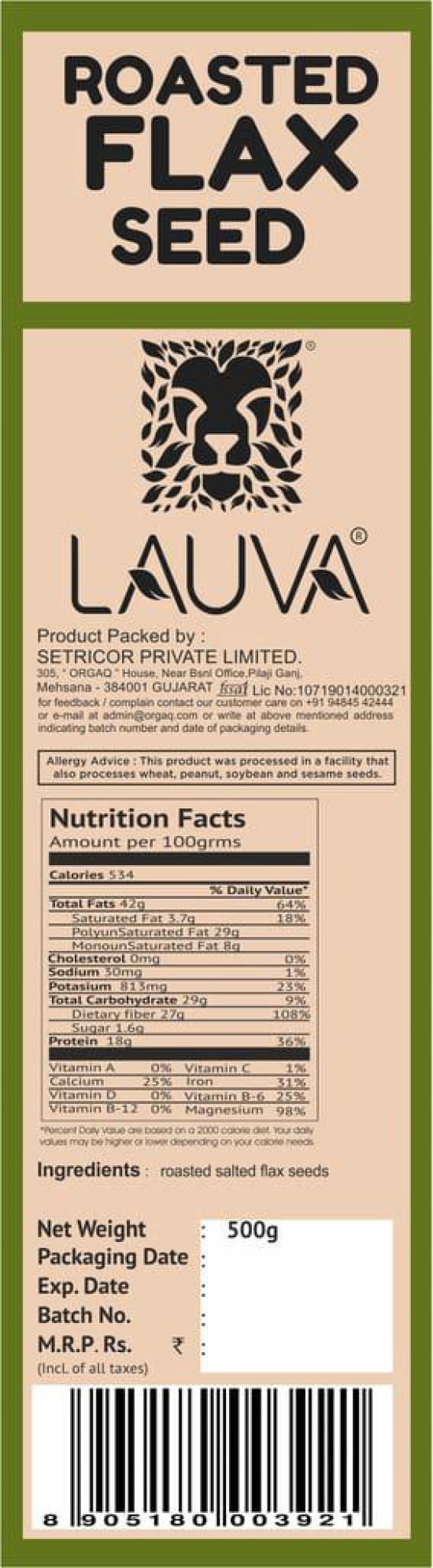 LAUVA Natural Flax seed Roasted Salted I Alsi Seeds I For Hair Growth Healthy Heart I Weight Loss Diet Snack