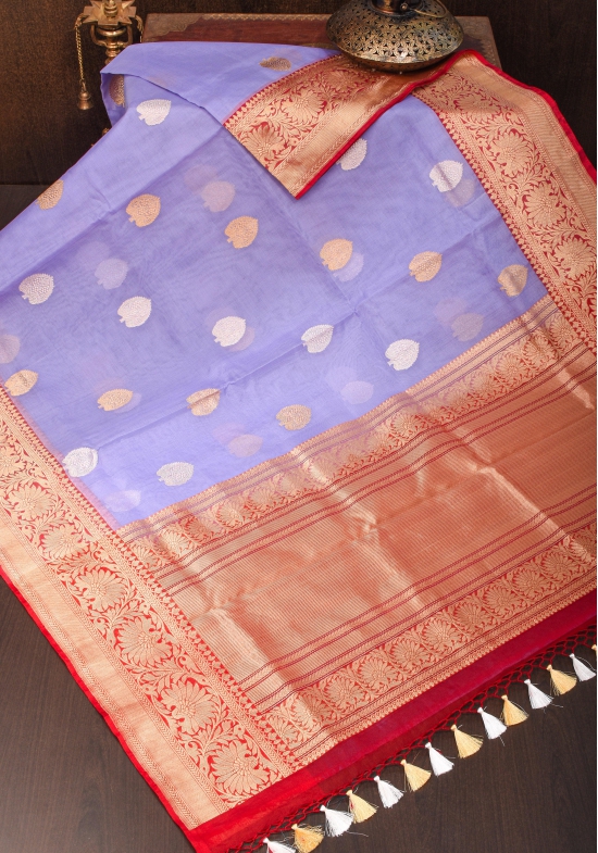 Lavender and Red Pure Organza Saree - Gorgeous Banarasi Kora Silk Saree  with Sona Rupa Kadhuwa motifs | SILK MARK CERTIFIED