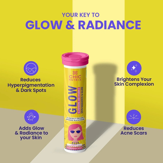 Chicnutrix Glow - 500mg Japanese Glutathione  Vit. C for Brighter Skin  Skin Glow  Radiance  Strawberry-lemon flavour  10 effervescent tablets-Chicnutrix Glow - 500mg Japanese Glutathione & Vit.