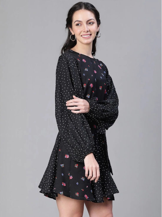 Oxolloxo Floral Printed Puff Sleeves Tie Up Detail Fit & Flare Dress