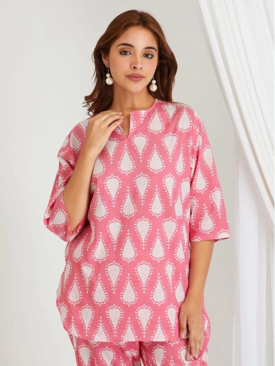 BREATHABLES Women Cotton Printed Loungewear Kurta and Pants Co-ord Set 3/4 Sleeve Round Neck Comfort Loose Fit Pink I Night Wear | Co-ord set | Lounge Wear Set