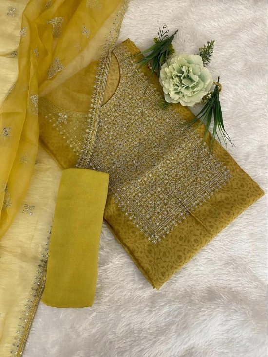 Gold Chanderi Zari Woven Suit With Sequins Work-musturd gold