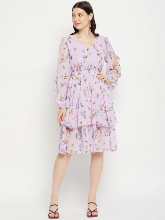 V Neck Floral Print Slit Sleeve Layered Georgette Fit & Flare Dress