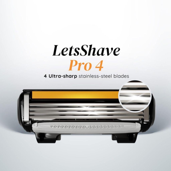 LetsShave Pro 4 Shaving Razor Blade for Men |Made in South Korea |Lubricating Strip with Aloe Vera & Vitamin E |4 Blade Full Body Razor|Rubber Guard & Open Flow Architecture - Pack of 4 Blade Refills