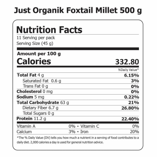 Just Organik Foxtail Millet/Kangni - 1.5 Kg (3X500g) 100% Organic