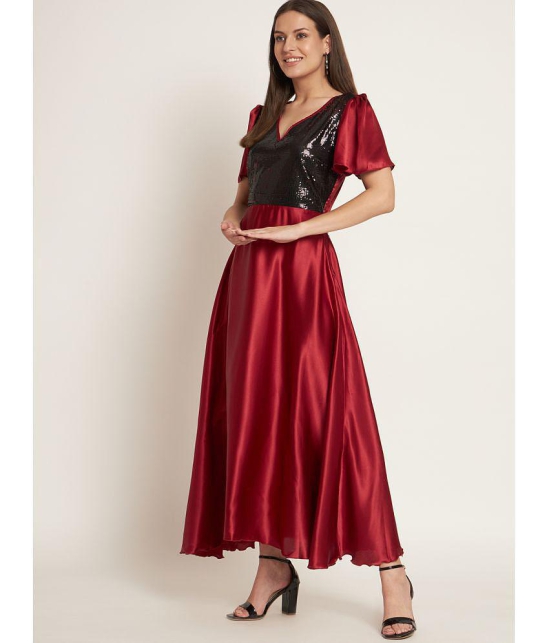 Curvydrobe Satin Embellished Ankle Length Women's Fit & Flare Dress - Maroon ( Pack of 1 ) - None