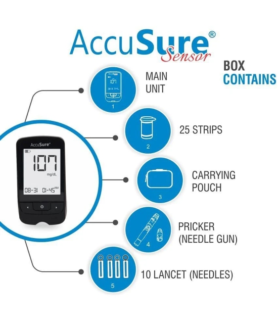 AccuSure Sensor Glucometer Machine with 25 Test Strips & 10 Lancets