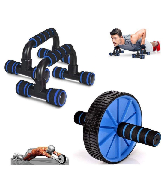 FITNESS INDIA Push Up Bars & AB Roller (Combo of 2) for Gym & Home, Abs Chest Press, Dips Exercise Equipment - Blue