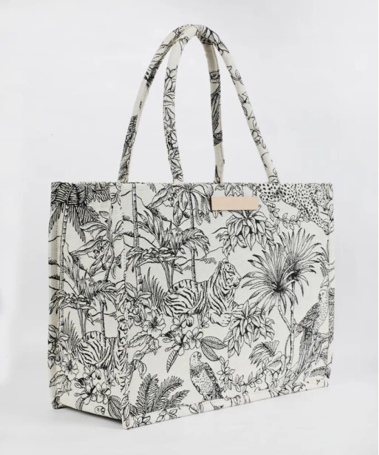 Polyester Cotton printed handbag, floral, tiger, floral, cream, white, 14x11