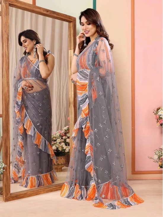 Gazal Fashions Net Embroidered Saree With Blouse Piece - Grey ( Pack of 1 ) - Grey