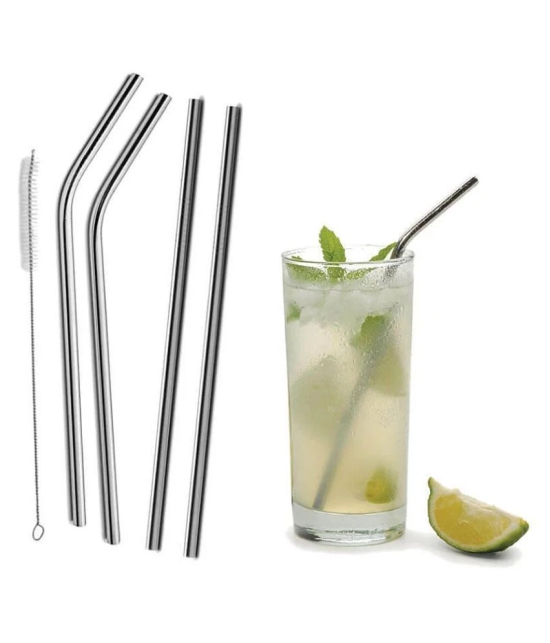 Extra Long Reusable Stainless Steel Drinking Straws - Set of 5 (2 Straight + 2 Bent + 1 Cleaning Brush) - Silver