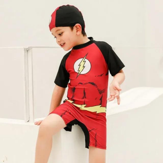 One piece superhero swimsuit with matching cap-XL (6-8yr) / Flash