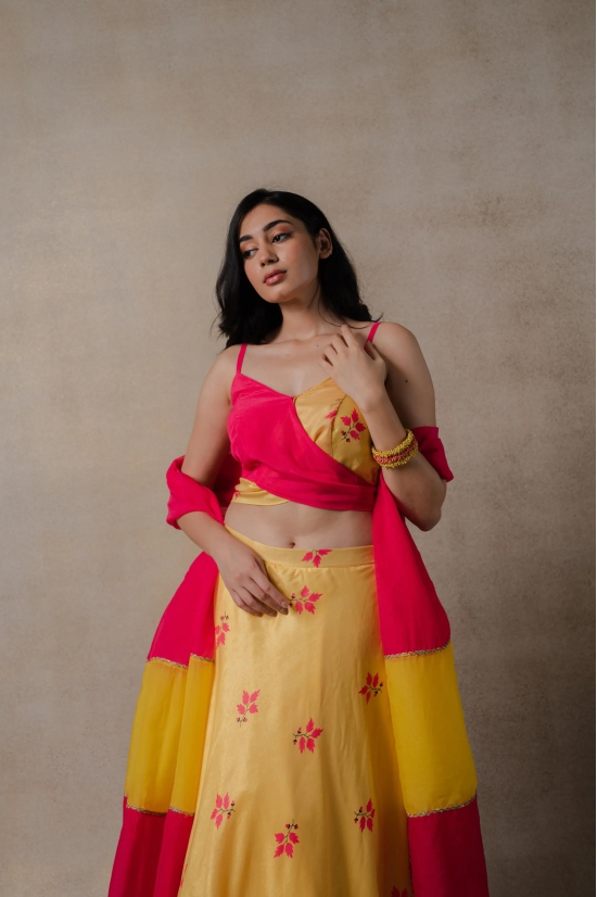 Pink and Yellow Phulkari lehenga Set-2XL