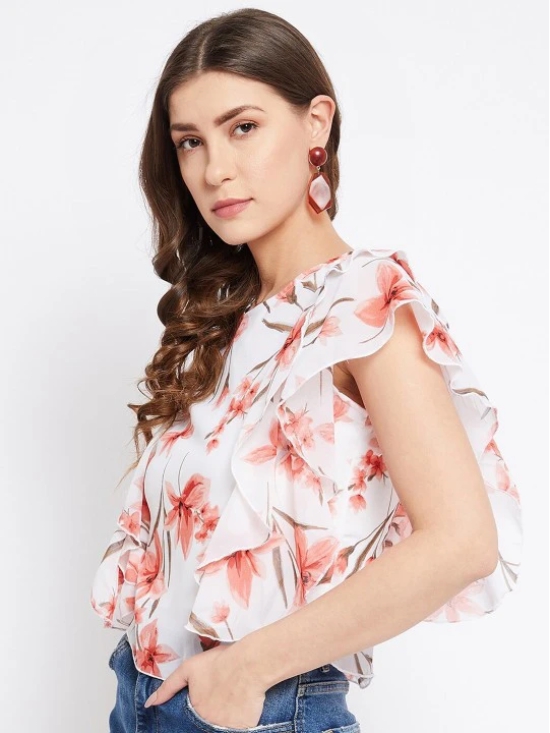 White Floral Printed Georgette Flutter Sleeves Top