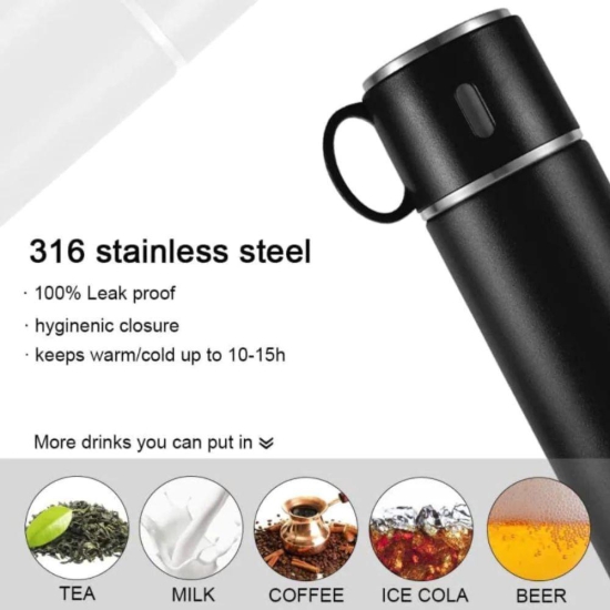 Stainless Steel Vacuum Flask Set with 3 Steel Cups | Black | Set of 3 Pcs