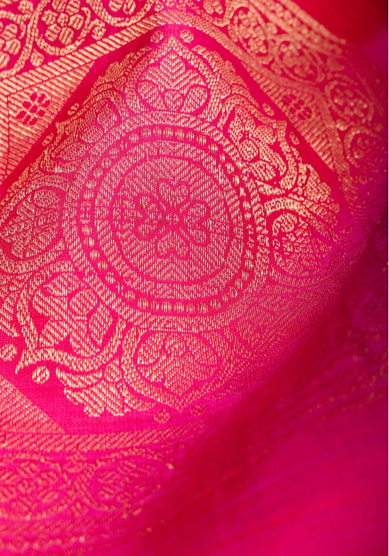 Hot Pink Borderless Kanjivaram Soft Silk Saree  with Square Motifs  and contrast Pallu| SILK MARK CERTIFIED