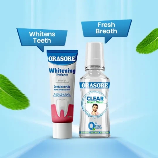 Orasore Whitening Duo | nHAp Toothpaste 100g & Clear Mouthwash 250ml | Peroxide-Free | Refreshing, Reduces Sensitivity & Whitens Teeth | No Color & No Alcohol | Free Bamboo Toothbrush