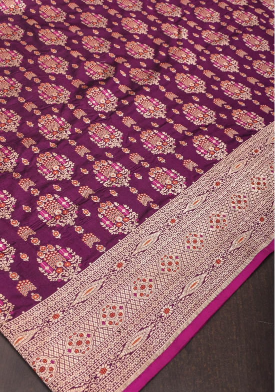 Unique Aubergine Intricate Banarasi Katan silk saree with Meenakari Jaal  | SILK MARK CERTIFIED