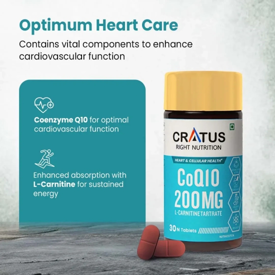 Cratus Right Nutrition COQ10 Tablets for Heart Health and Cellular Energy Support Formulated with L-Carnitine L Tartrate, Zinc and Lycopene | Boosts Vitality and Reduces Fatigue | 360 Tablets