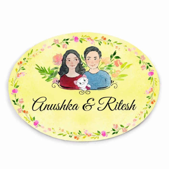 Handpainted Customized Name Plate - Couple with cat Name Plate