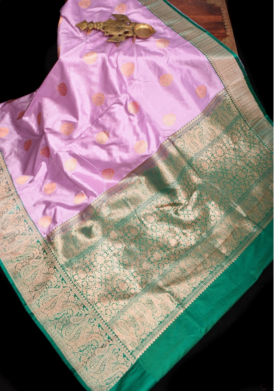 Thistle Banarasi Katan Silk Saree with Damask buttas and Rama Contrast | SILK MARK CERTIFIED