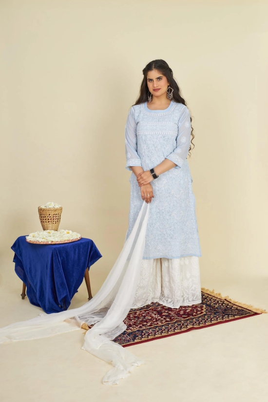 Georgette Chikankari  kurti- Sky Blue-Sky Blue / XXL