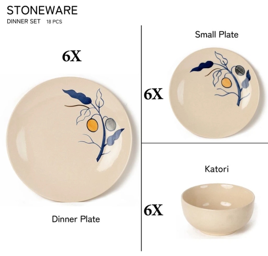 Reactive Handcrafted Premium Ceramic Dinner Set | 6 Dinner Plates, 6 Quarter Plates, and 6 Small Dinner Bowl | Stoneware | Microwave and Dishwasher Safe | Pack of 18 | Feather White