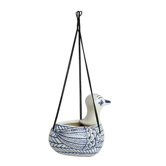 Indigo Chevron Duck Handpainted Ceramic Hanging Planter Pot (6 Inch)