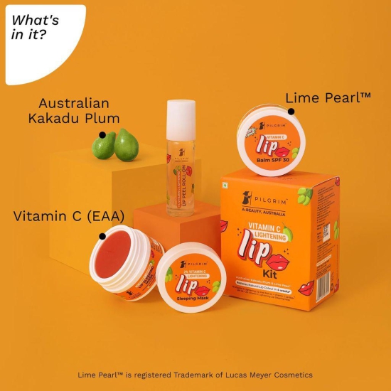 Pilgrim Vitamin C Lip Lightening Kit for dark lips with Australian Kakadu Plum & Lime Pearl |Lip Care Kit For dark, dry & chapped lips| Lip care kit With Lip Peel Roll on, Lip Sleeping Mask & Lip Balm