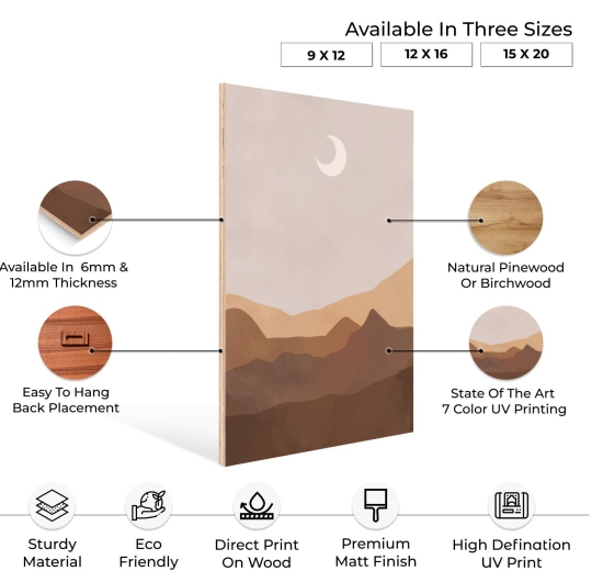 Moon Phase Abstract Boho Wood Print Wall Art Set of 3-23 X 35 Inches Each / Pinewood Thickness: 6mm