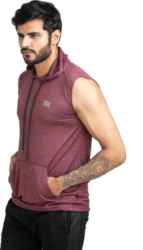 Men Solid Hooded Neck Polyester Maroon T-Shirt