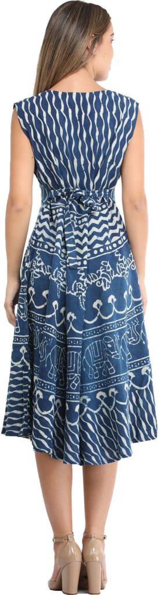 Twilight-Blue Summer Dress with Block-Printed Elephants and Dori on Back