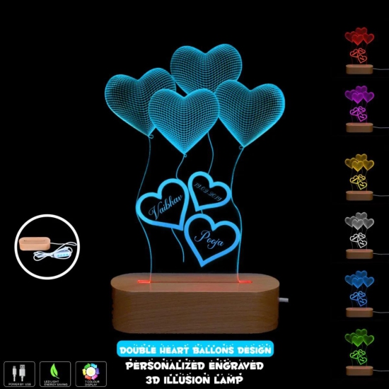 3D illusion Multi-Color LED Lamp with Double Heart Balloon