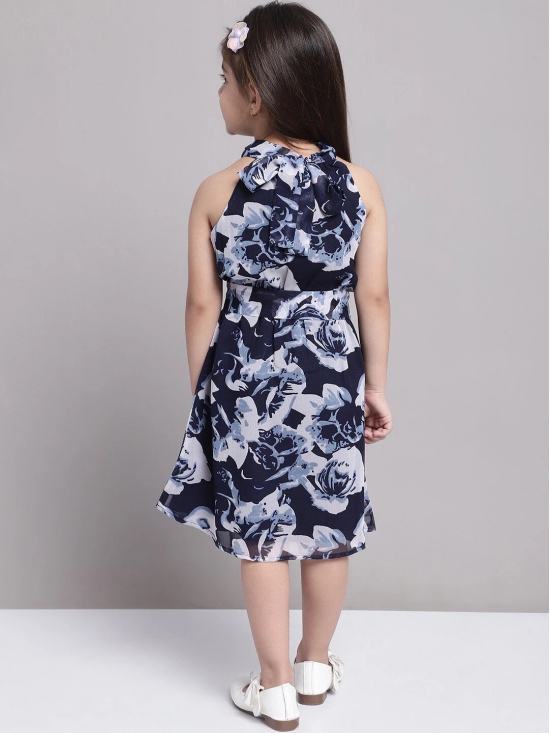 MINI & MING Girls Floral Print High Neck Georgette Fit & Flare Dress