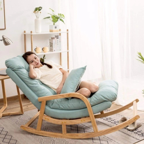 Rocking Chair Colonial and Traditional Super Comfortable Cushion Chair (Natural Polish)-Sky Blue