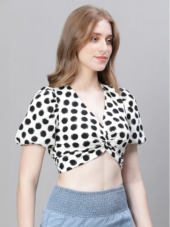 Oxolloxo Polka Dots Printed Puff Sleeve Smocked & Twisted Monochrome Crop Regular Top