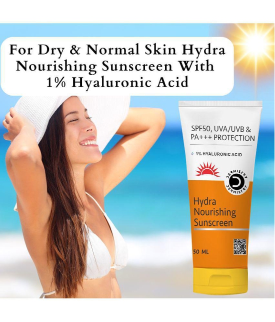 Dermistry 1% Hyaluronic Acid Hydra Nourishing Hydrating Sunscreen Aqua Glow Gel for Dry Skin & All Skin Types SPF 50 UVA UVB PA+++ Protection Cream Quick Absorbed Lightweight Moisturizer Non