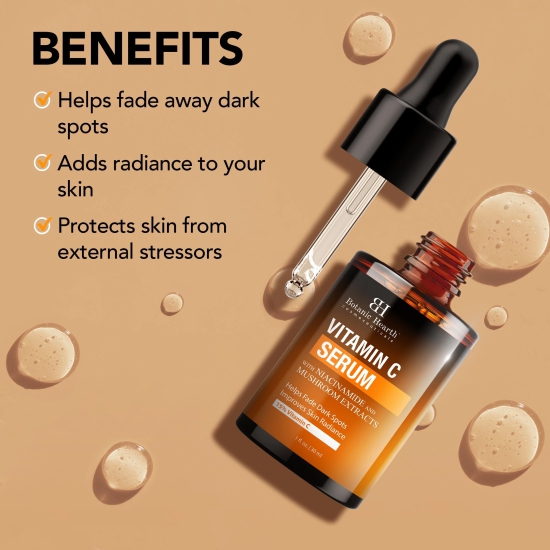 Botanic Hearth Vitamin C Face Serum: Niacinamide, Hyaluronic Acid, Allantoin, Cica, Ferulic Acid, Vitamin E. Targets dark spots, sun damage, wrinkles.-Botanic Hearth 15% Vitamin C Face Serum: Tar