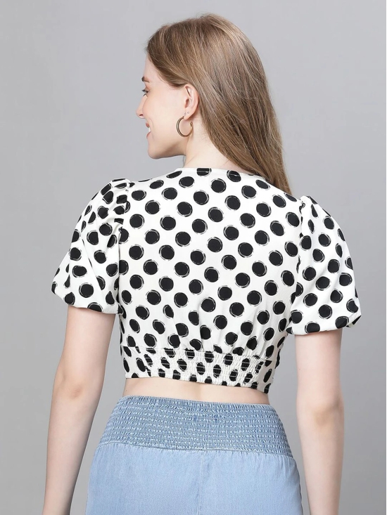 Oxolloxo Polka Dots Printed Puff Sleeve Smocked & Twisted Monochrome Crop Regular Top