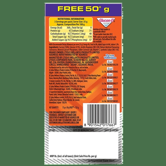 Glucon-D, Orange Flavoured Glucose Based Beverage Mix - 125 G (75G + 50G Free) Carton