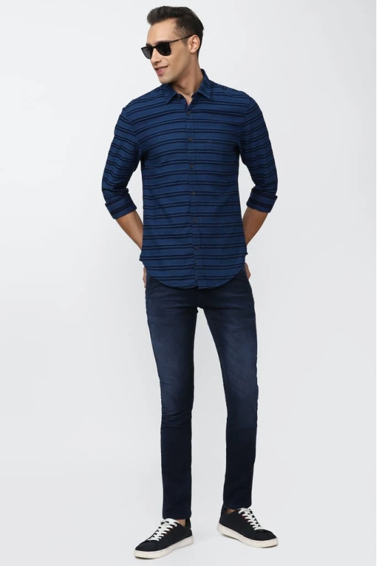 Men Navy Super Slim Fit Stripe Full Sleeves Casual Shirt