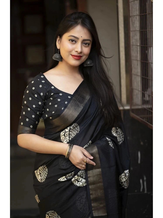 Bhuwal Fashion Cotton Printed Saree With Blouse Piece - Black ( Pack of 1 ) - Black