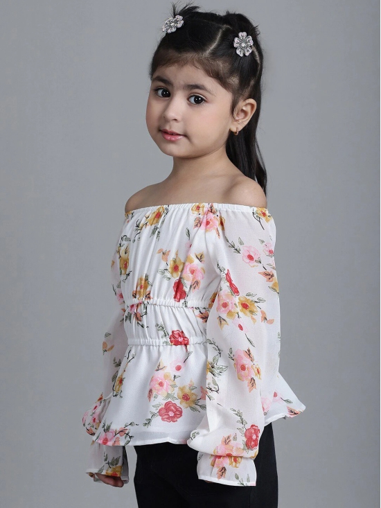 MINI & MING Girls Floral Printed Off-Shoulder Puff Sleeves Gathered Bardot Top