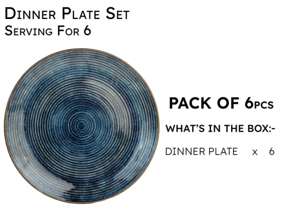 Handcrafted Reactive Glaze Ceramic Dinner Plates, 6 Pieces Serving for 6, Microwave and Dishwasher Safe, Bone-ash Free, Full Plate Set Crockery for Dining and Gifting, Reactive Blue