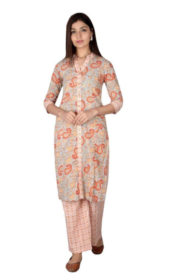 JAIPURETHNICWEAVES Women's Cotton Cambric Paisley Printed Straight Kurta & Palazzo Set