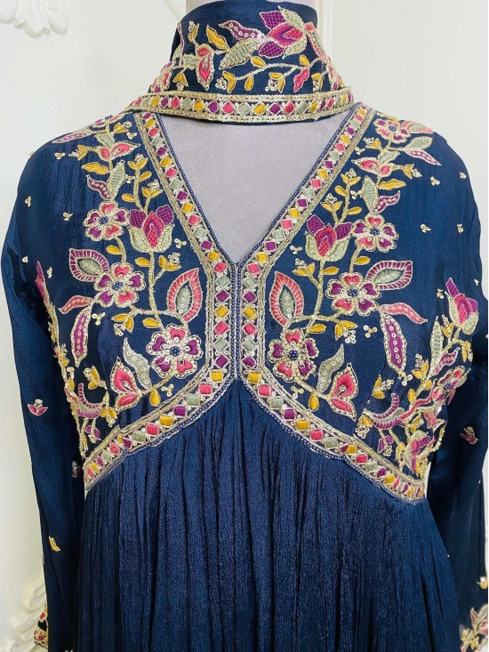 NEW Navy blue  Floral Embroidered Alia Cut Ethnic Dress