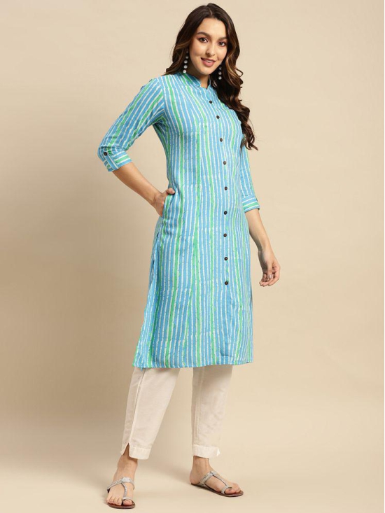 Rangita Women Rayon Blue Tonal Printed Calf Length Kalidar Kurti With Front Button Placket - None