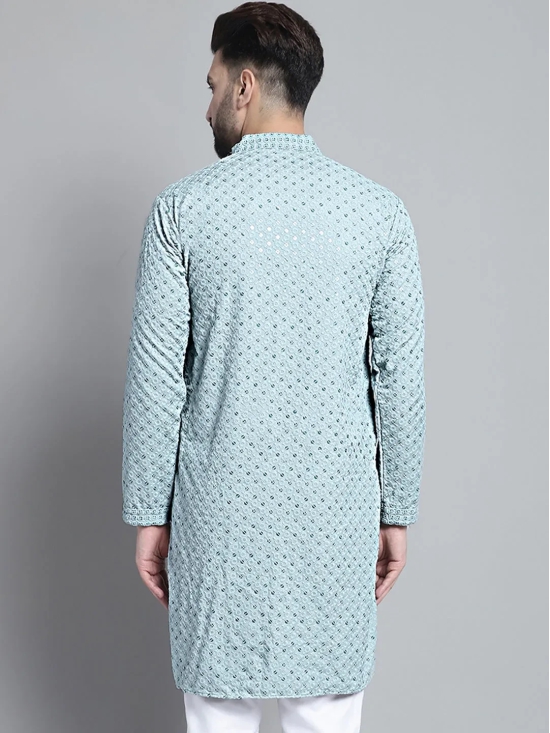 Men Blue Chikankari Embroidered and Sequence Kurta Only-XXL / Blue