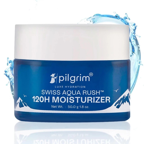 Pilgrim Swiss Aqua Rush? 120H Moisturizer for face| Crafted with powerful hydrators-Swiss Aqua Rush? & PatcH20?| Strengthens skin barriers| Plump & glowing skin| 120 Hrs of Increased hydration| 50gm