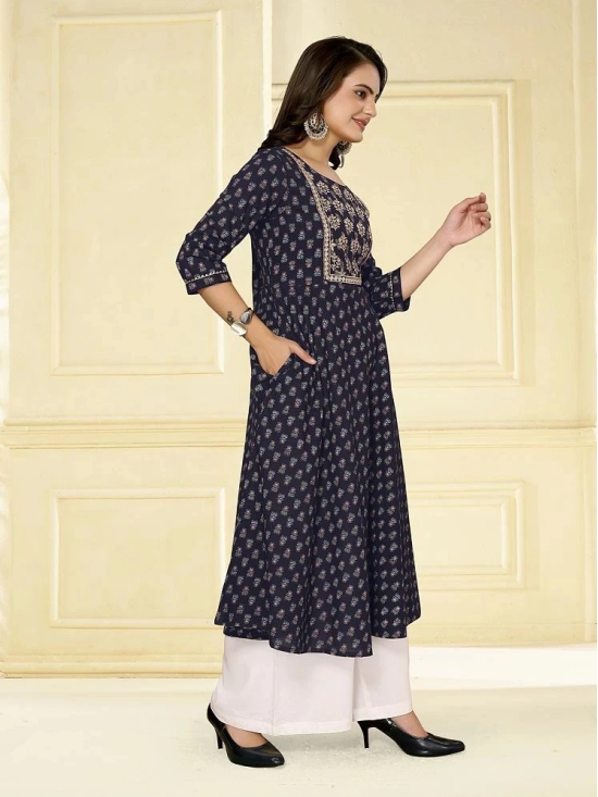 Rangita Women Cotton Navy Blue Embroidered Calf Length Anarkali Kurti - None